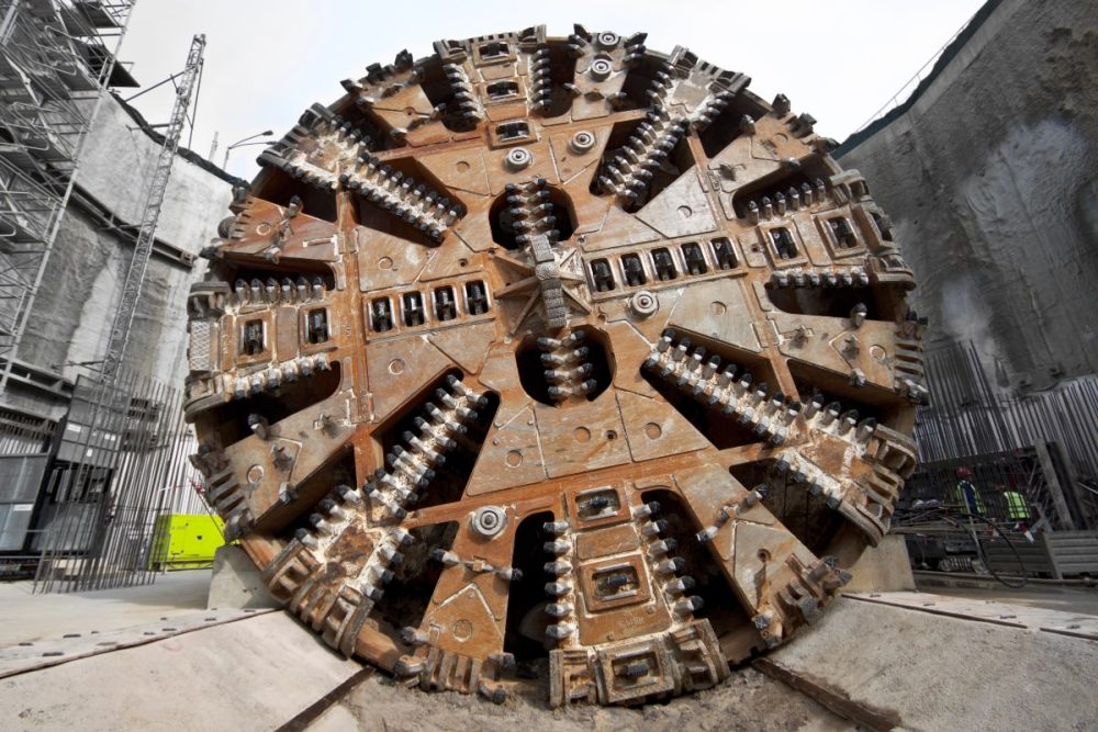 Close view of a cutter head from a tunnel boring machine.